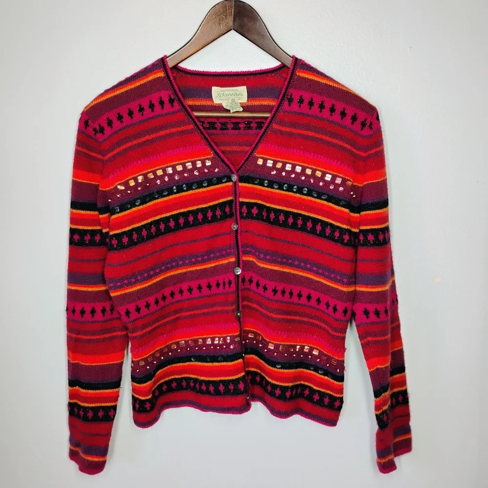 Vtg St John's Bay Y2K Cardigan Sweater Medium Sequin Striped Lambswool‎ Aztec